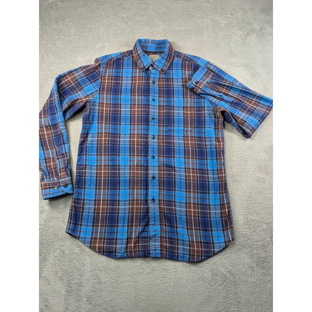 LL Bean Mens M Tall Flannel Shirt Traditional Fit Blue Brown Plaid Long Sleeve - Picture 2 of 10